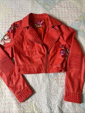 Faux Studded Floral Applique Crop Moto Jacket